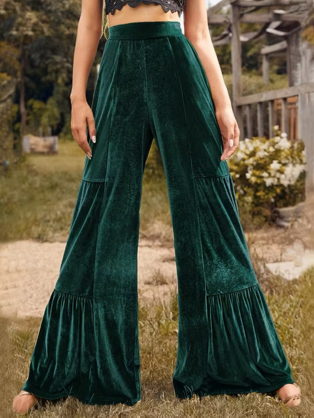 Luukse Velvet Tiered Wide-Leg pants in Deep Teal